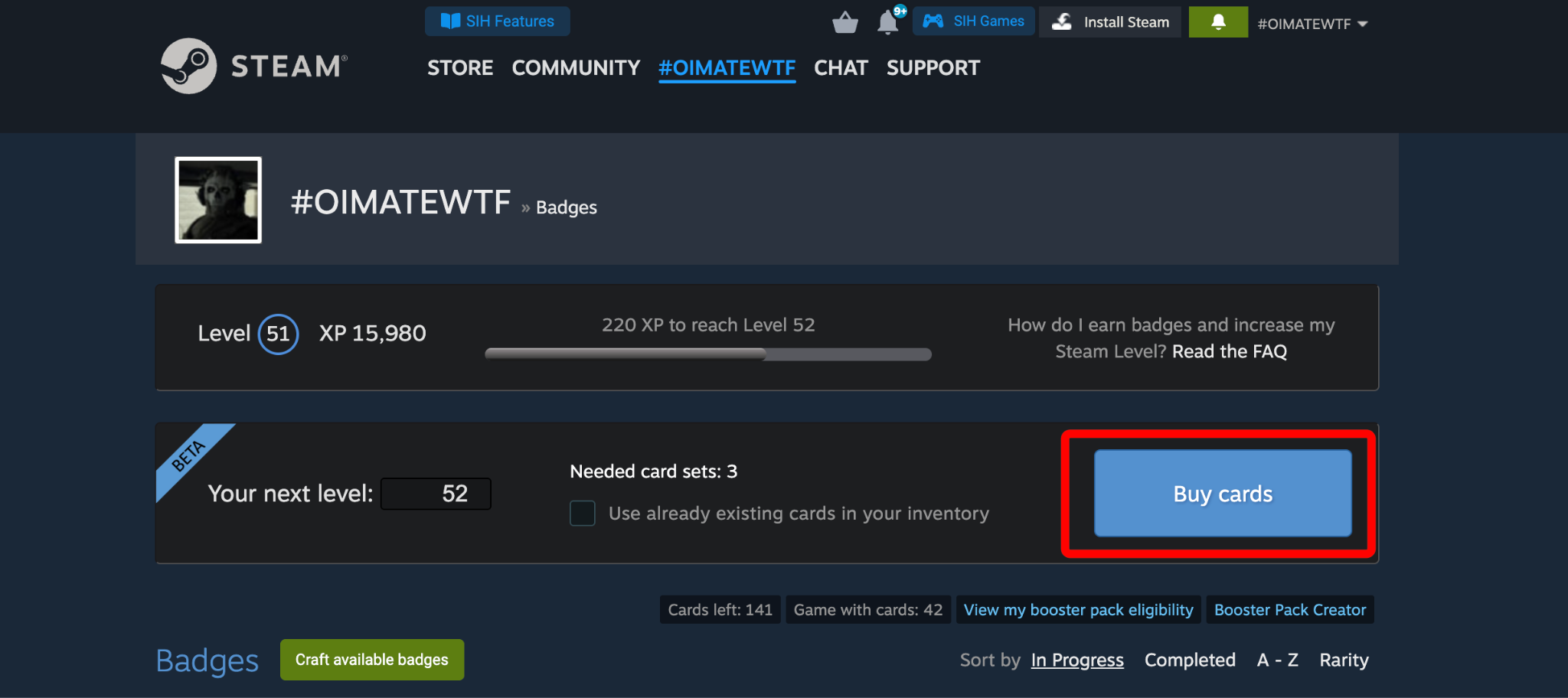 Buy cards interface